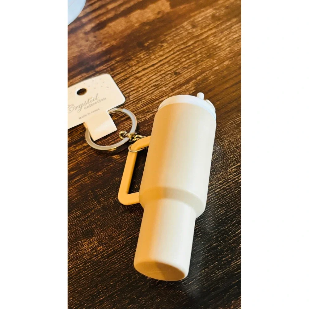 Mini Tumbler Keychain Beige Matte Cup Charm with Straw and Handle New